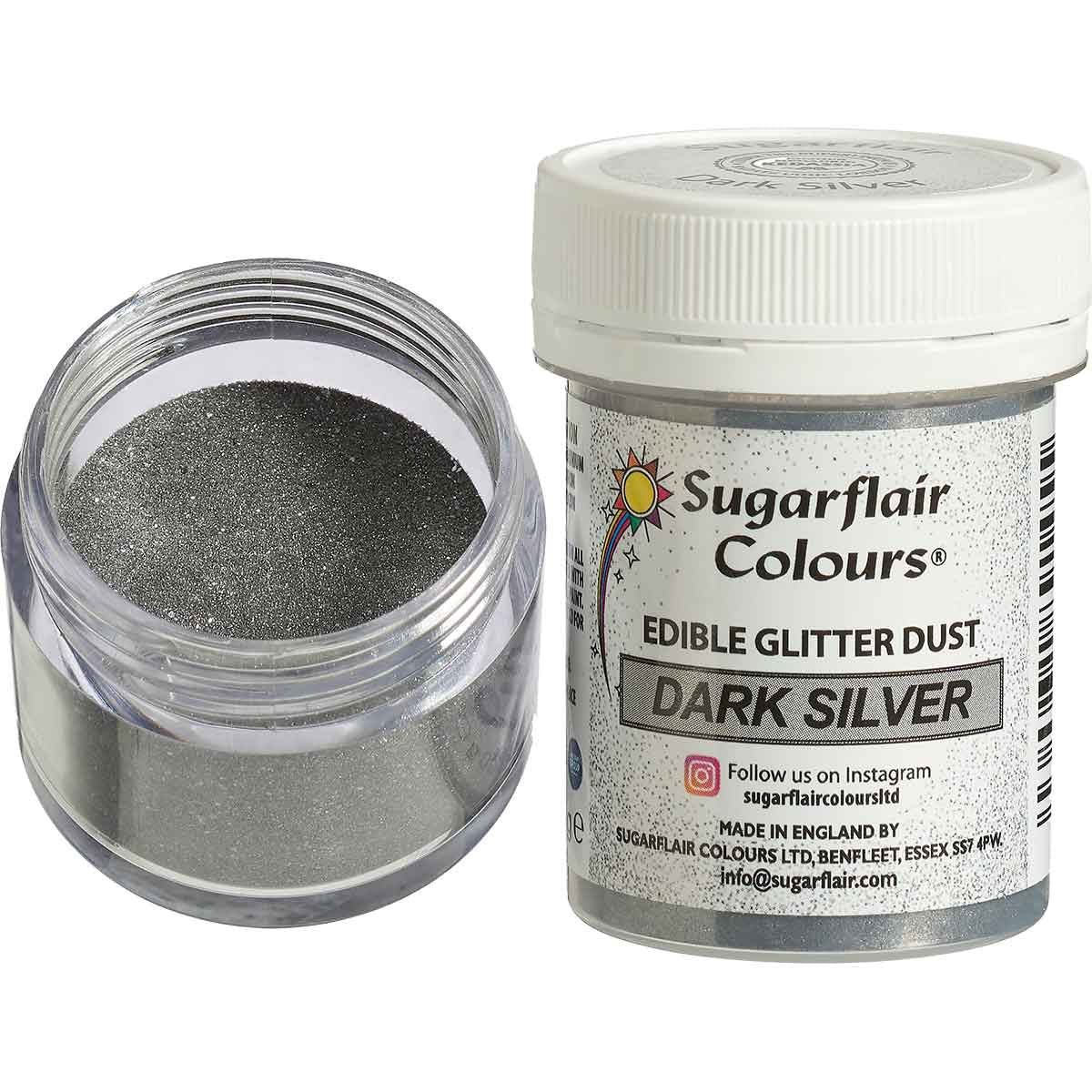 Sugarflair Ätbart Glitter Pulver - Dark Silver