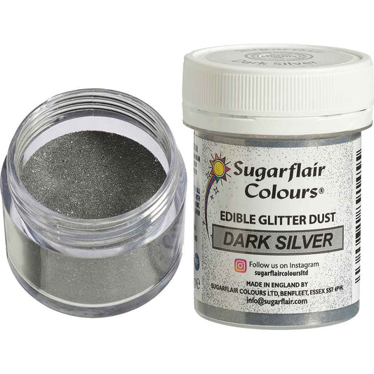 Sugarflair Ätbart Glitter Pulver - Dark Silver